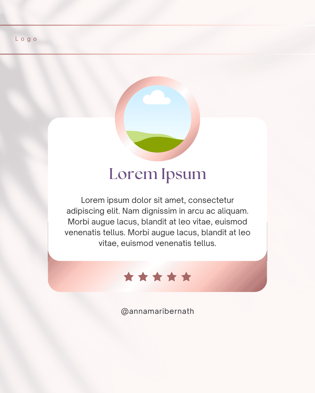 Szép, rózsaszín háttérrel ellátott üzenetkártya, amelyen egy kör alakú táj kép és szöveg található.